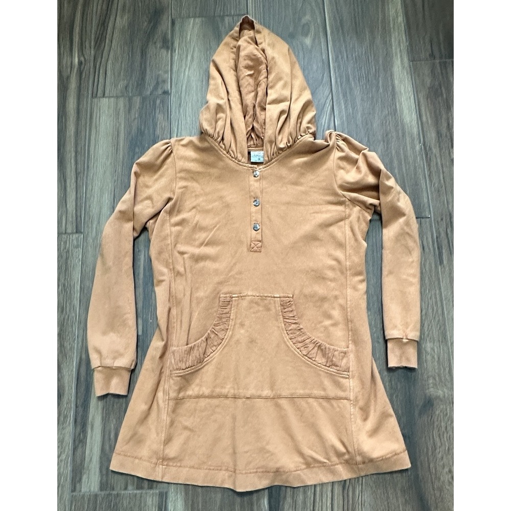 CMC Color Me Cotton Womens Tan Henley Hoodie A-Line‎ Tunic Sweatshirt Medium USA